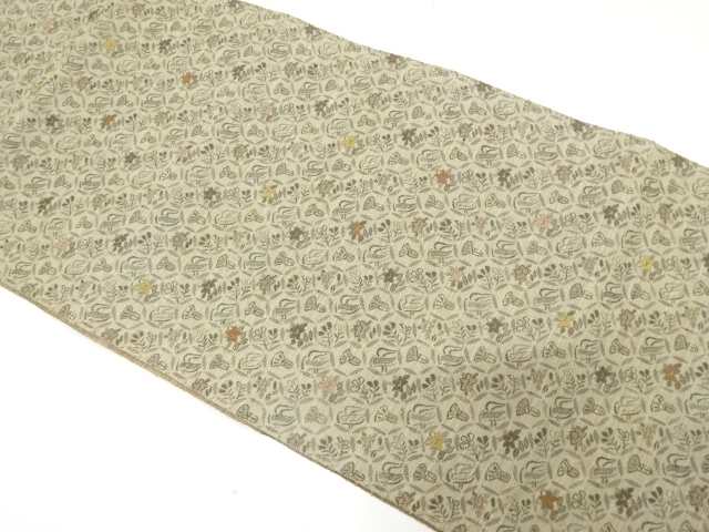 JAPANESE KIMONO / ANTIQUE NAGOYA OBI / SILK / WOVEN FLORAL PLANTS & ABSTRACT PATTERN